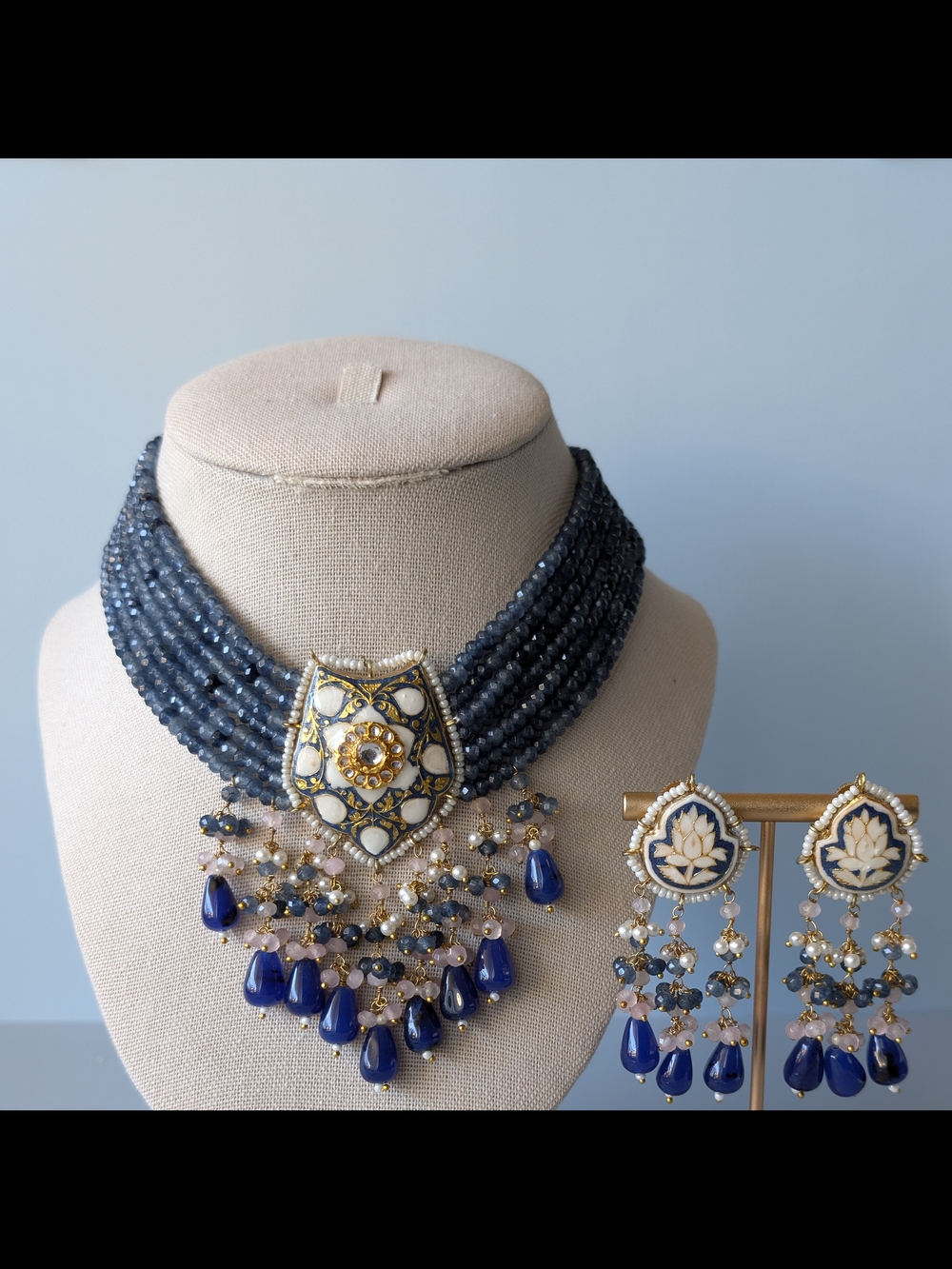 Elegant Blue Beaded Statement Necklace and Earrings Set